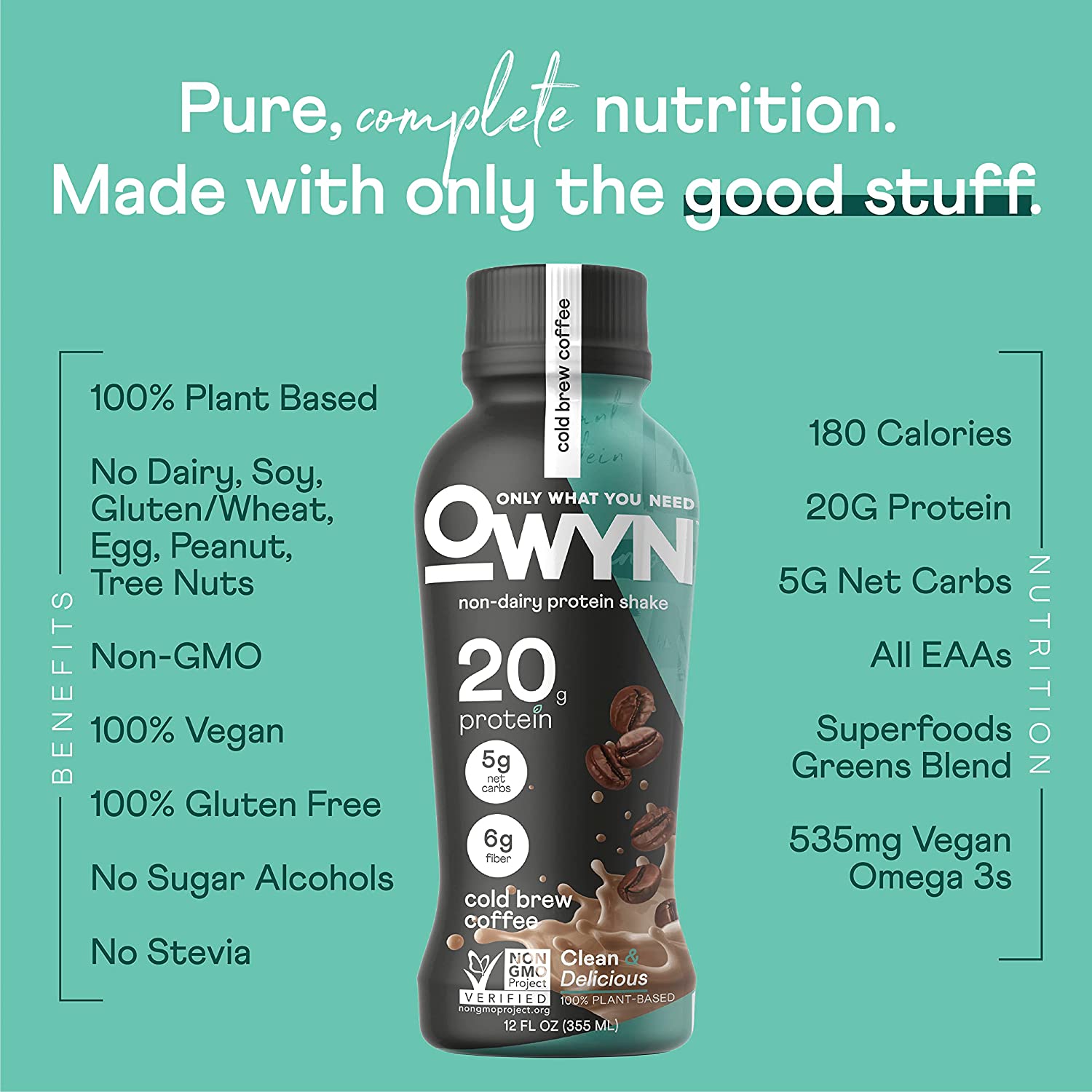 Owyn 100% Vegan Plant-Based Protein Shake, Cold Brew Coffee, 12 Pack, with 20g Plant Protein, Omega-3, Prebiotic Supplements, Superfoods Greens Blend, Gluten-Free, Soy-Free, Non-GMO - Image 3